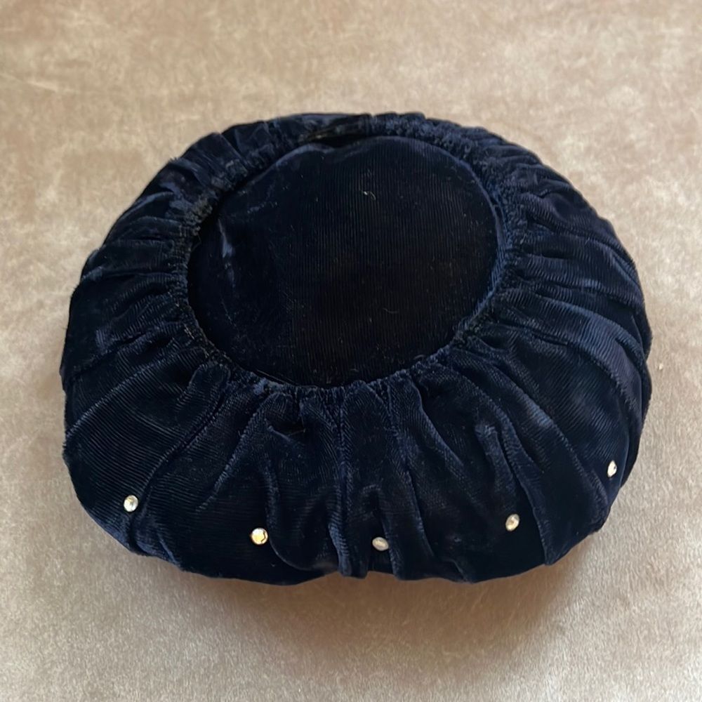 Antique Vintage Blue Velvet Pill Box Structured Hat (sits flat on head)